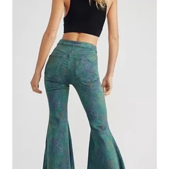 Free People Throw It Back Reversible Flare Jeans Paisley Print Teal Blue Gold - Picture 2 of 5